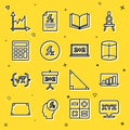 Set line XYZ Coordinate system, Laptop with graph chart, Geometric figure, Open book, Function mathematical symbol Royalty Free Stock Photo