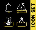 Set line Yacht sailboat, Floating buoy, Location with anchor and Ship bell icon. Vector Royalty Free Stock Photo