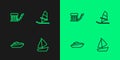 Set line Yacht sailboat, Speedboat, Marine bollard with rope and Windsurfing icon. Vector