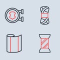 Set line Yarn, Textile fabric roll, Sewing thread on spool and Leather icon. Vector Royalty Free Stock Photo