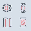 Set line Yarn, Textile fabric roll, Sewing thread on spool and Leather icon. Vector Royalty Free Stock Photo