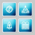 Set line Yin Yang, Church building, bell and The commandments icon. Vector