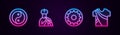 Set line Yin Yang, Indian man plays flute, Chakra and dress. Glowing neon icon. Vector