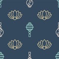 Set line Yin Yang, Lotus flower and Chinese paper lantern on seamless pattern