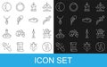 Set line Yin Yang, Magic ball, Dagger, Burning candle, Feather pen, Necklace with crystal, Moon and Snake icon. Vector Royalty Free Stock Photo