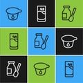 Set line Yogurt container, Drinking yogurt bottle and Glass with milk icon. Vector