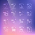 Set line ZIP file document, RUBY, MP3, OBJ, DLL, BMP, and SVG icon. Vector Royalty Free Stock Photo