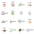 Set of linear arrow abstract logos, connected multicolored segments lines in directional pointer figures