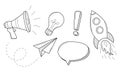 A set of linear business, startup icons. Horn, rocket, light bulb, paper airplane, exclamation mark, speech bubble. Hand