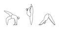 Set of linear contours of women do yoga isolated on white. Downward facing dog and other positions. Concept of balance