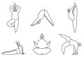 Set of linear contours of women do yoga isolated on white. Tree, downward facing dog, cobra and other positions. Concept