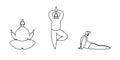 Set of linear contours of women do yoga isolated on white. Tree, lotus, cobra positions. Concept of balance, healthy