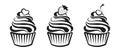 Set of linear cupcake silhouettes, line art, clipart isolated on white background. Sweet desserts. Food illustration