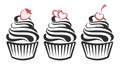 Set of linear cupcake silhouettes, line art, clipart isolated on white background. Sweet desserts. Food illustration