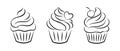 Set of linear cupcake silhouettes, line art, clipart isolated on white background. Sweet desserts. Food illustration