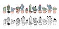 Set of linear drawing cacti in pots and colorful illustration isolated on a white background. Coloring book with home Royalty Free Stock Photo