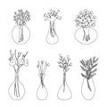 Set of linear flowers in a vase. Vector illustration. Isolated elements on a white background. Lineart and doodle, hand Royalty Free Stock Photo