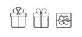 Set of linear gift boxes icons, side and top views with different bows, simle graphic element