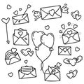 Set of linear hand drawings with love letters, envelopes, balloons and hearts, cupids arrow, letters with flowers and Royalty Free Stock Photo