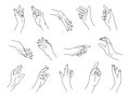 Set of linear human palms. Hand gestures for pointing, holding, snapping and gentle touch isolated vector line