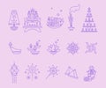 Set of linear icons for celebration of Diwali. Deepavali, festival of lights - indian traditional symbols, outline style