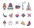Set of linear icons for celebration of Diwali. Deepawali, festival of lights - indian traditional symbols, bright palette
