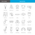 A set of linear icons for a dental clinic includes implant, veneers, dentist tools, extraction of teeth, aligners and Royalty Free Stock Photo