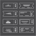 Set of linear icons of different shapes of tickets. Airplane, train, cruise ship, concert in the style of minimalism. Royalty Free Stock Photo