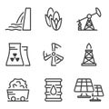 Set of linear icons with energy sources. The image of energy resources, as well as ways to obtain energy. Isolated vector on pure