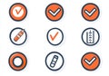 A set of linear icons for essential office tools includes a pen, pencil, ruler, highlighter, computer, and checklist Royalty Free Stock Photo