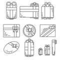 Set of linear icons of festive gifts of various shapes