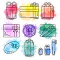 Set of linear icons of festive gifts of various shapes with watercolor splashes.