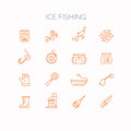 Set of linear icons for ice fishing. Illustration of tools and objects. Royalty Free Stock Photo
