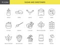 A set of linear icons in the sugar and sweeteners vector includes maple, coconut and bag of flour and sugarless, cane