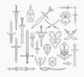 Set of linear medieval weapon and shields Royalty Free Stock Photo