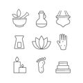 Set of linear outline alternative medicine and spa icons, vector Royalty Free Stock Photo