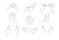 Set of linear outline hands. Two hands hold an object, make different gestures. Elements for design, logo. Vector doodle