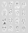 Set of linear simple caricature portraits of women isolated on white background