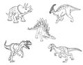 Set of linear sketches of dinosaurs for coloring pages isolated on white background. Stegosaurus, Triceratops, Raptor