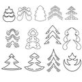 Set of linear stylized Christmas trees with ornate patterns, decorative fantasy elements for winter holidays