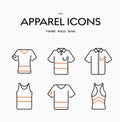 Set of linear vector icons for t-shirts, polo and tank.