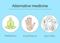 Set of linear vector icons with types of alternative medicine.