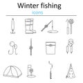 Set of linear web icons winter fishing. Accessories for fishing on the ice.