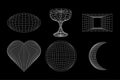 Set linear white and black geometric y2k, 3d, frame, heart, circle, moon. Vector for poster, banner. Royalty Free Stock Photo