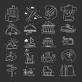 Set of linear white simple icons composed on black background and showing activities and travels.