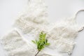 Set of lingerie, beige with black white ribbons. On white background decorated with green sprig of pistachios