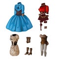 Set of lingerie, dresses and boots. Classic women outfit and underwear in blue, red, white and brown tones