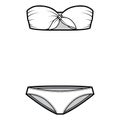 Set of lingerie - strapless tie bra and bikinis panties technical fashion illustration swimwear. Flat brassiere apparel