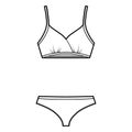 Set of lingerie - training bra and cheeky thongs panties technical fashion illustration. Flat swimwear brassiere knicker