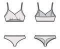 Set of lingerie - training bra and cheeky thongs panties technical fashion illustration. Flat swimwear brassiere knicker